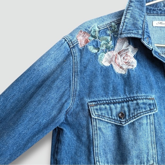 Mavi Blue Denim Shirt Jacket with Pink & Green Floral Embroidery - Picture 5 of 9